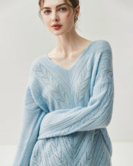 V-Neck Cable Knit Silk Cashmere Pullover