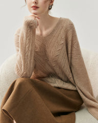 V-Neck Cable Knit Silk Cashmere Pullover