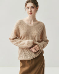 V-Neck Cable Knit Silk Cashmere Pullover