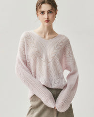 V-Neck Cable Knit Silk Cashmere Pullover