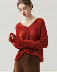 V-Neck Cable Knit Silk Cashmere Pullover