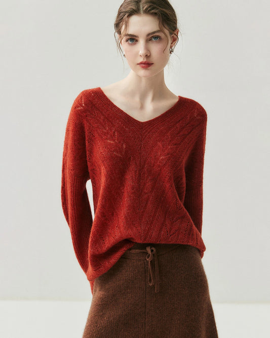 V-Neck Cable Knit Silk Cashmere Pullover