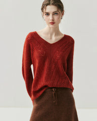V-Neck Cable Knit Silk Cashmere Pullover