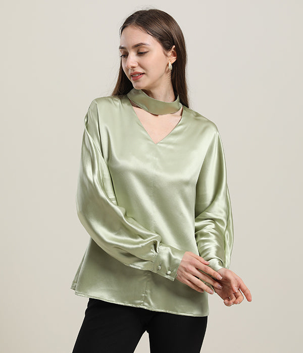 V-Neck Long-Sleeve Silk Shirt Blouse Avocado Green