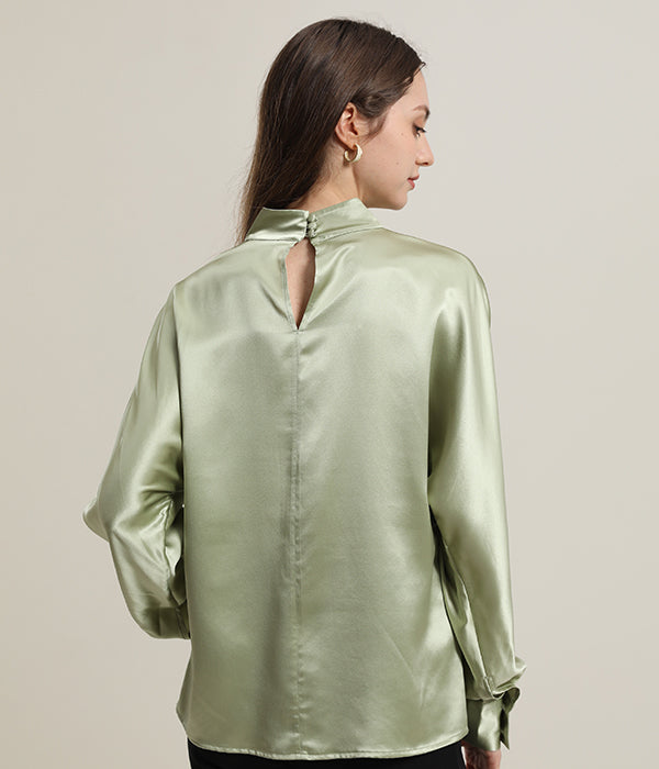 V-Neck Long-Sleeve Silk Shirt Blouse Avocado Green