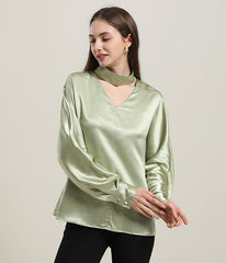 V-Neck Long-Sleeve Silk Shirt Blouse Avocado Green
