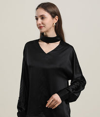 V-Neck Long-Sleeve Silk Shirt Blouse Black