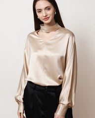 V-Neck Long-Sleeve Silk Shirt Blouse Champagne