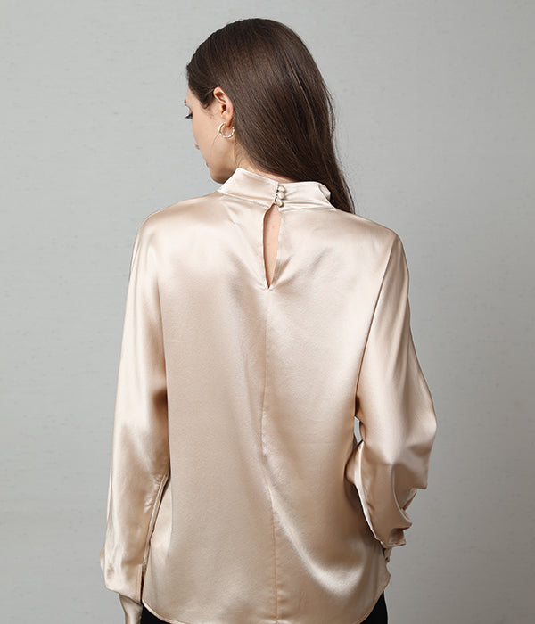 V-Neck Long-Sleeve Silk Shirt Blouse Champagne