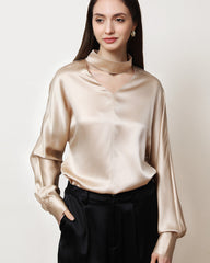 V-Neck Long-Sleeve Silk Shirt Blouse Champagne