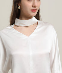 V-Neck Long-Sleeve Silk Shirt Blouse White
