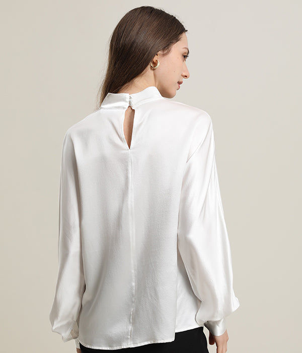 V-Neck Long-Sleeve Silk Shirt Blouse White