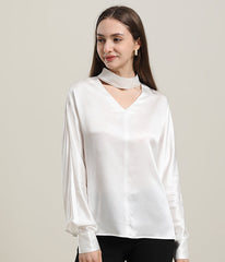 V-Neck Long-Sleeve Silk Shirt Blouse White