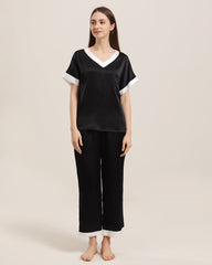 V Neck Pullover Silk Pajama Set Black