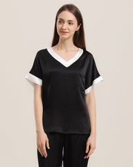 V Neck Pullover Silk Pajama Set Black