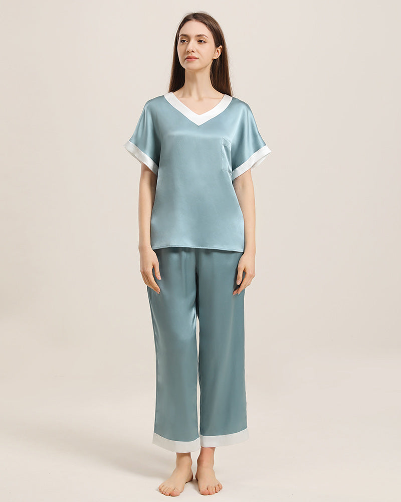 V Neck Pullover Silk Pajama Set Haze Blue