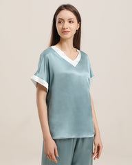 V Neck Pullover Silk Pajama Set Haze Blue