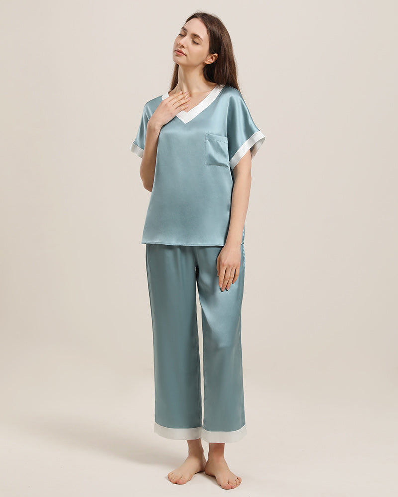 V Neck Pullover Silk Pajama Set Haze Blue