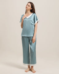 V Neck Pullover Silk Pajama Set Haze Blue