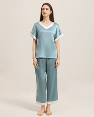 V Neck Pullover Silk Pajama Set Haze Blue