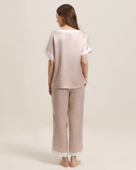 V Neck Pullover Silk Pajama Set Pink