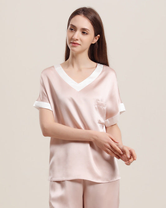 V Neck Pullover Silk Pajama Set Pink