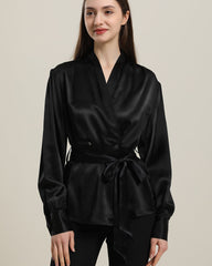 V-Neck Silk Blouse with Belt Black