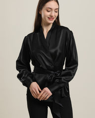 V-Neck Silk Blouse with Belt Black
