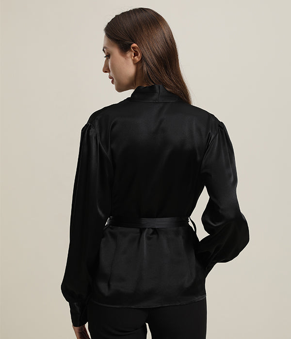 V-Neck Silk Blouse with Belt Black