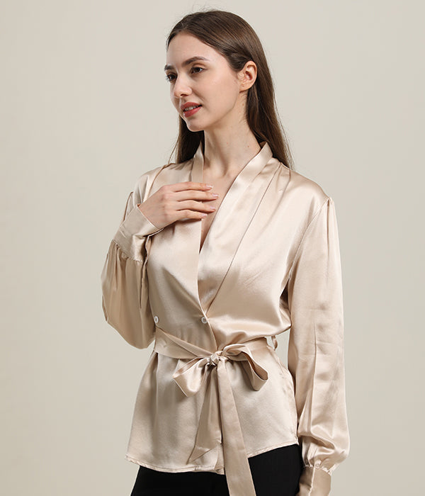 V-Neck Silk Blouse with Belt Champagne