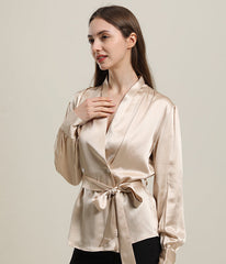 V-Neck Silk Blouse with Belt Champagne