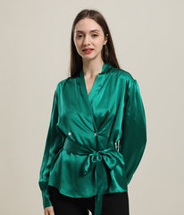 V-Neck Silk Blouse with Belt Dark Green