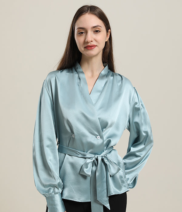 V-Neck Silk Blouse with Belt Haze Blue