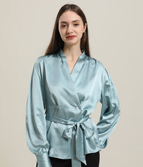 V-Neck Silk Blouse with Belt Haze Blue