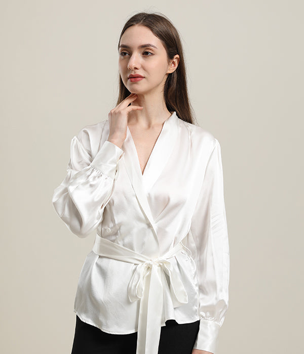 V-Neck Silk Blouse with Belt White