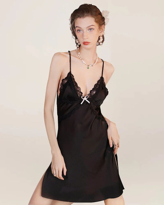 V-Neck Silk Lace Lingerie Black