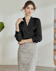 V-Neck Silk Pleated Blouse