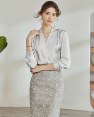 V-Neck Silk Pleated Blouse