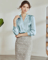 V-Neck Silk Pleated Blouse