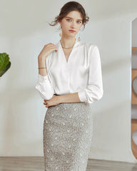 V-Neck Silk Pleated Blouse