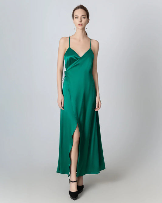 V-neck Backless Wrap Maxi Silk Dress Dark Green