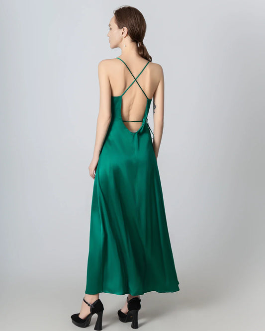 V-neck Backless Wrap Maxi Silk Dress Dark Green