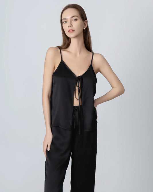V-neck Camisole Silk Pajama Set Black