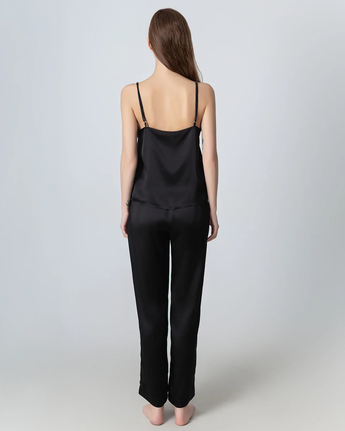 V-neck Camisole Silk Pajama Set Black