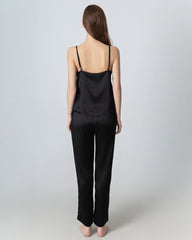 V-neck Camisole Silk Pajama Set Black