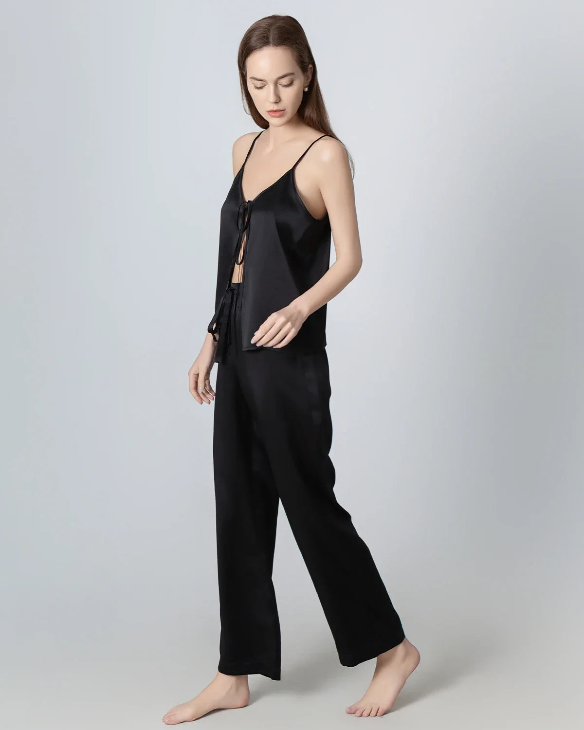 V-neck Camisole Silk Pajama Set Black