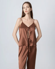 V-neck Camisole Silk Pajama Set Brown
