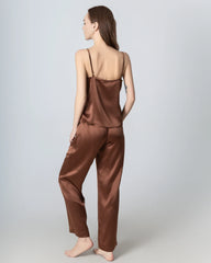 V-neck Camisole Silk Pajama Set Brown
