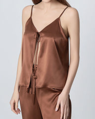 V-neck Camisole Silk Pajama Set Brown