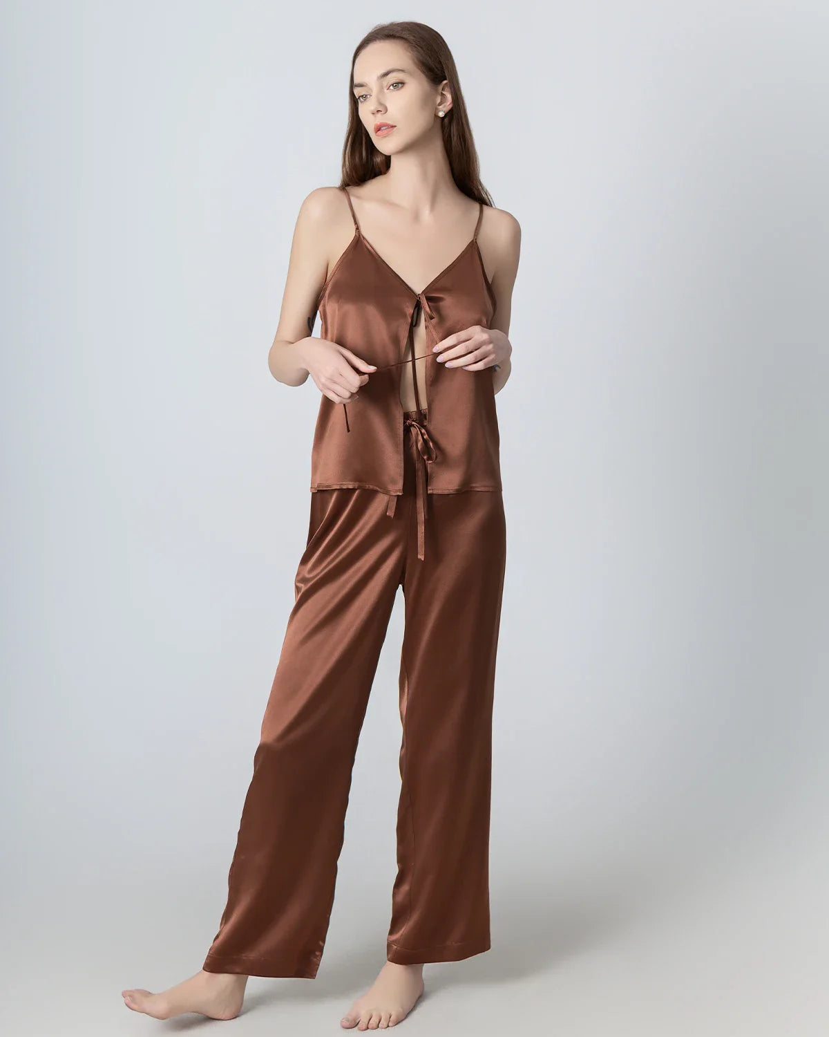V-neck Camisole Silk Pajama Set Brown